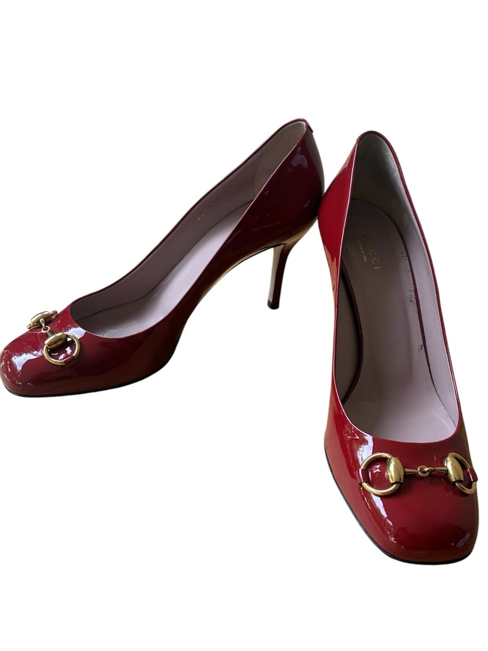 Gucci Red Patent Leather Classic Gold Horsebit Closed Toe Pump Heel Size US 10 - Picture 14 of 15